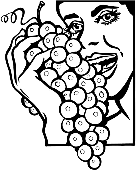 Lady tasting bunch of grapes vinyl sticker. Customize on line. Fruit Vegetables 042-0151